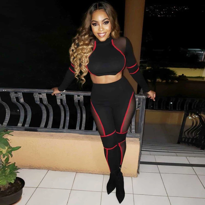 Женский Облегающий комбинезон модный черный с красным и белым длинным рукавом