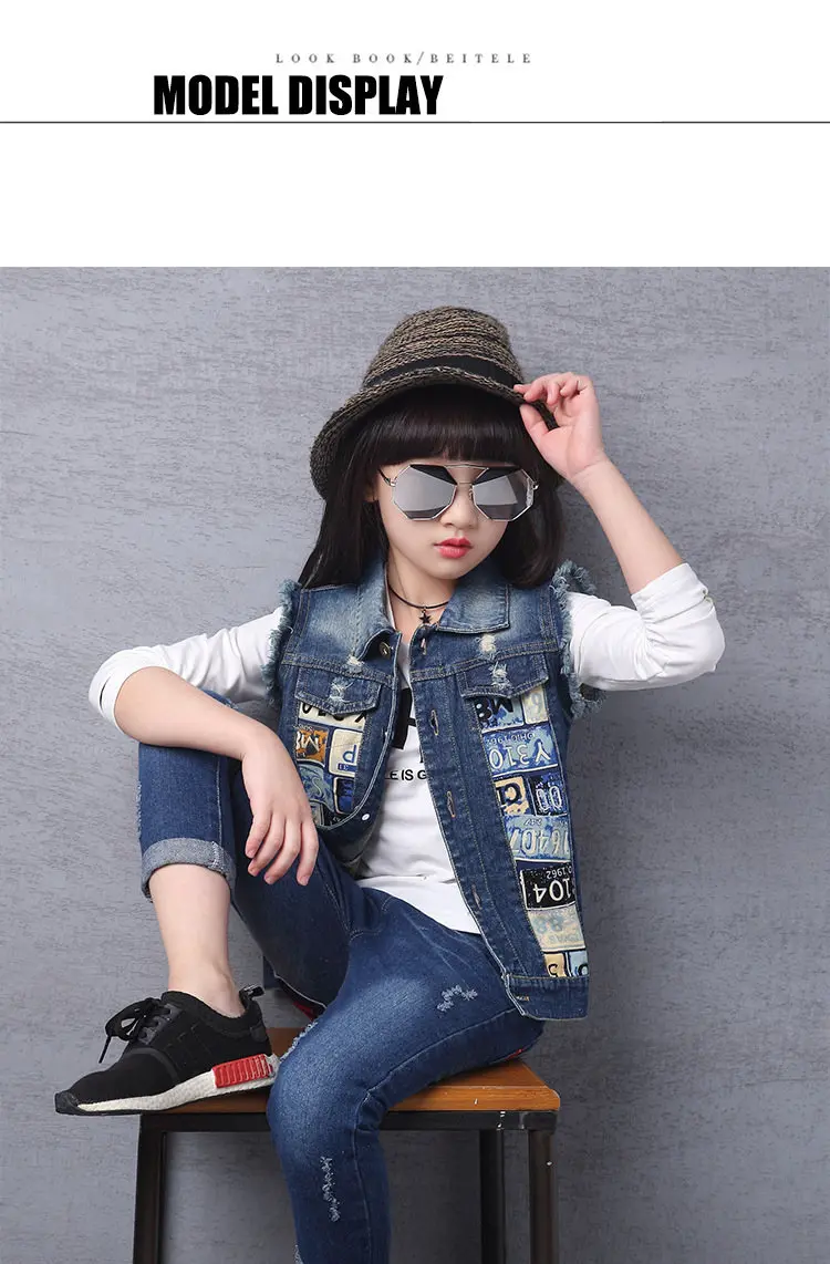Джинсовый жилет для девочек; коллекция года; сезон весна-осень; жилет без рукавов для детей; Милая Одежда для девочек; пальто; детская верхняя одежда с принтом; куртки
