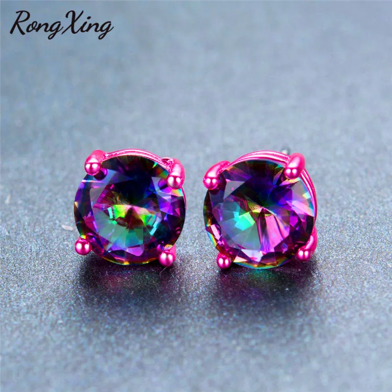 RongXing Романтические Розовые Золотые заполненные серьги-гвоздики Mystic Rainbow женская