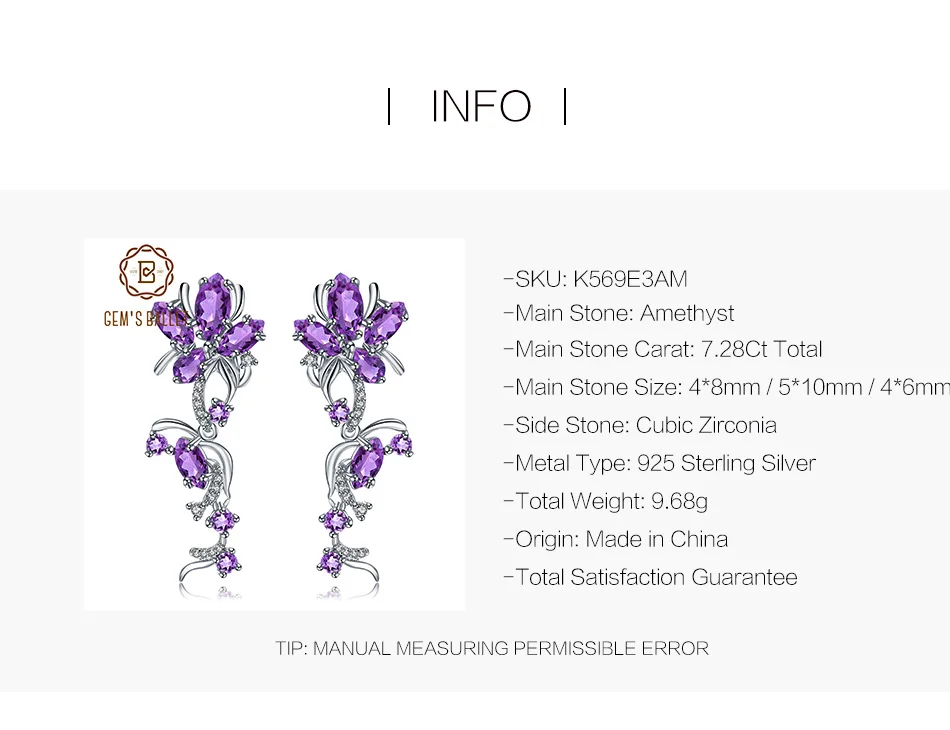 GEM'S BALLET 7.28Ct натуральный аметистовый драгоченный Камень Серьги 925 пробы Серебряный цветок элегантные Висячие серьги для женщин хорошее ювелирное изделие
