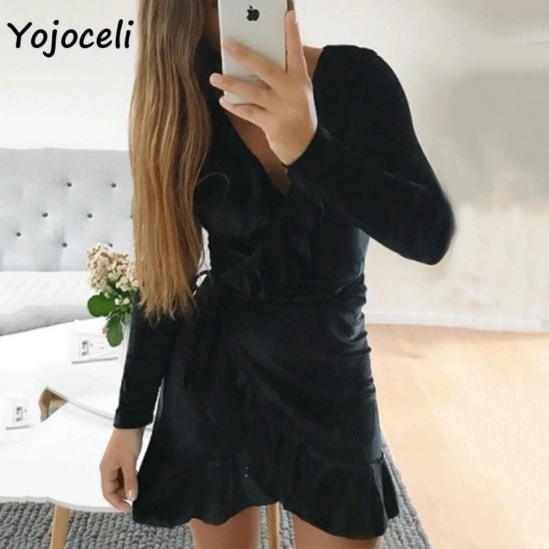 Yojoceli 2018 новое Золотое бархатное платье с оборками женское сексуальное