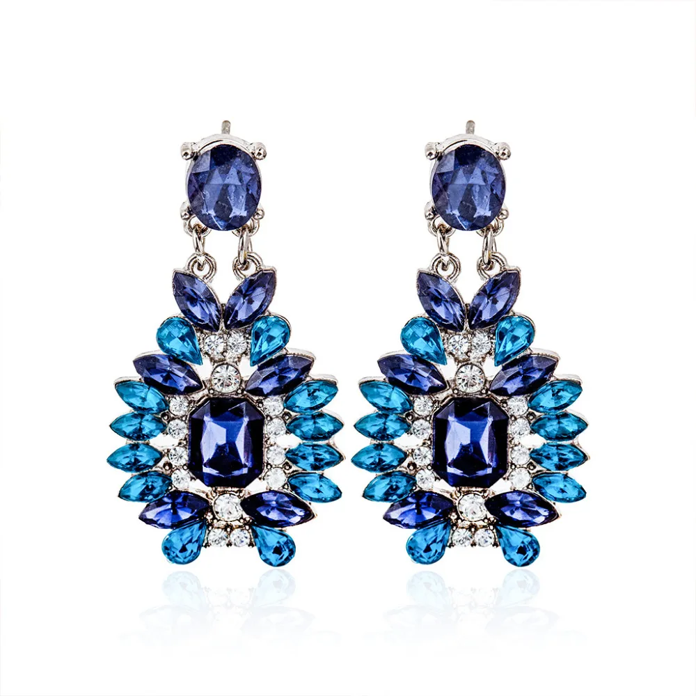 Женские серьги капли с большими синими кристаллами длинные полыми цветами