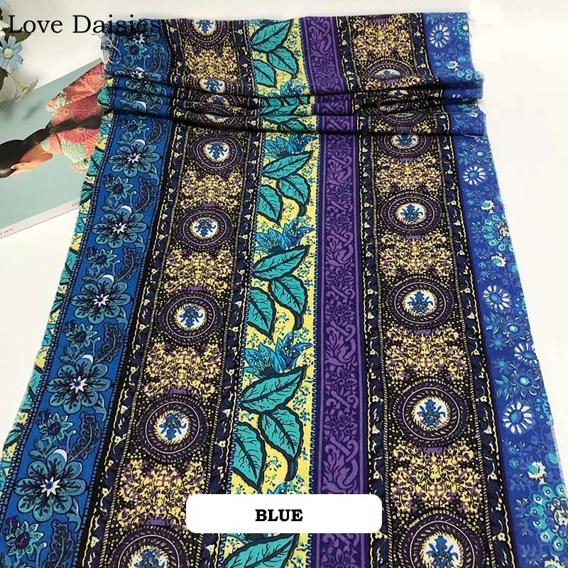 Хлопковая/льняная ткань в этническом стиле с красными синими листьями и