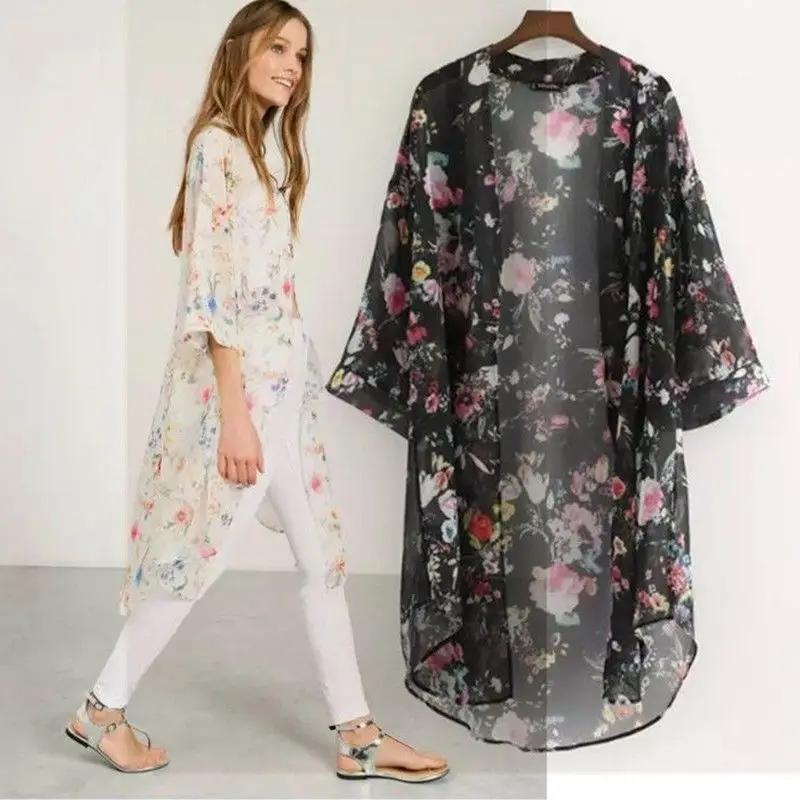Женское шифоновое кимоно с цветочным принтом кардиган пальто топы блузка