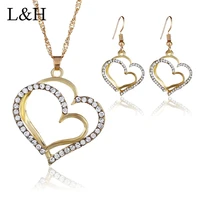 2018 new crystal double heart pendant choker necklace drop earrings wedding bridal jewelry set for women pendients