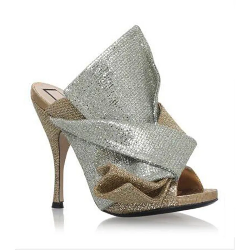 Модные женские летние босоножки с золотым бантом; шлепанцы; пикантные сандалии-гладиаторы с бантом; модельные женские туфли без задника на высоком каблуке для подиума - Цвет: as pic