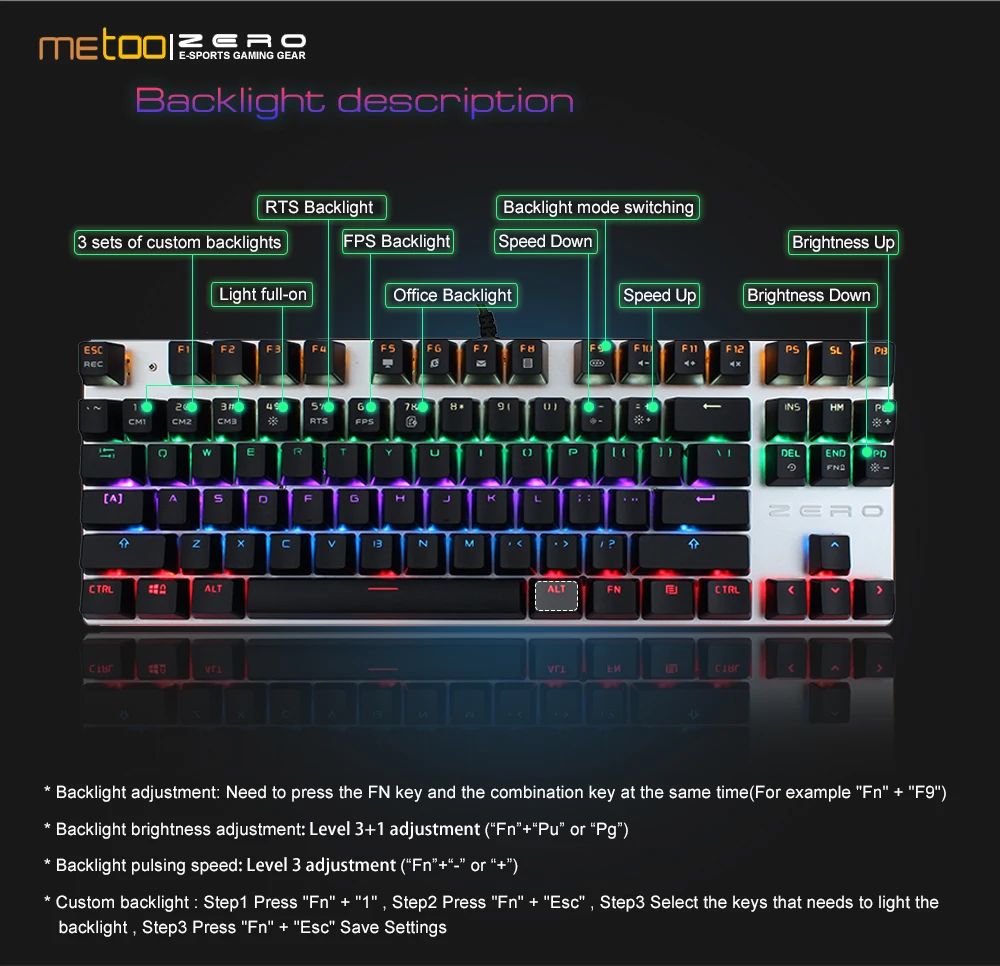 Metoo edition игровая механическая клавиатура с 87/104 клавишами, с защитой от привидения, Светящийся синий переключатель, с подсветкой, Проводная клавиатура, Арабский/Русский