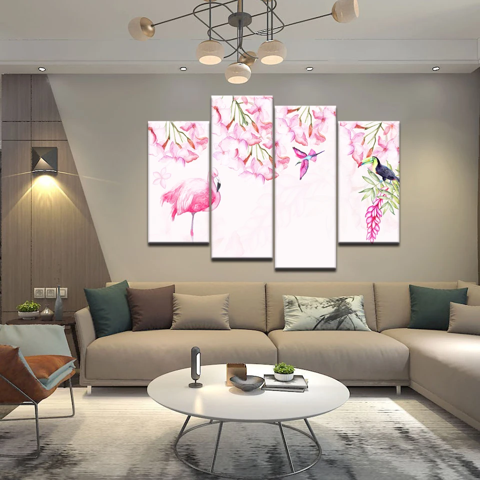 Abstract Watercolor Flower Wall Art Canvas Painting Animal Bird Pink Mural Flamingo Home Decor Living Room Picture Poster | Дом и сад