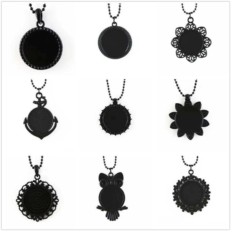 

2pcs 25mm inner size Cameo Sstting pendant Black Colors Necklace Fashion Handmade necklace :70cm Ball chain long necklace