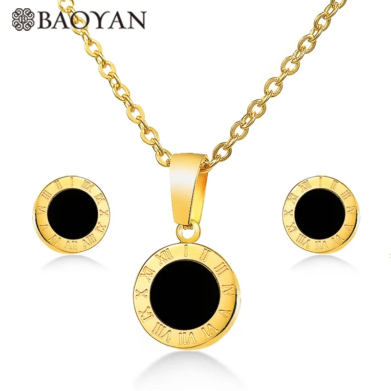 gold BAOYAN из нержавеющей стали римские ювелирные изделия с цифрами наборы золото/серебро/розовое золото Покрытие Круглый черный корпус ожерелье серьги наборы для женщин - Окраска металла: gold