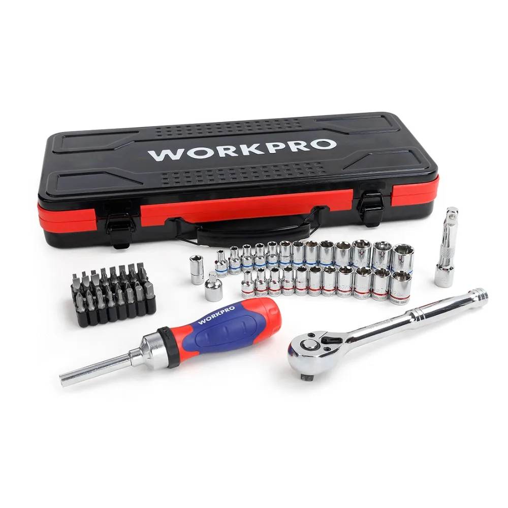 WORKPRO 62 шт металлический ящик набор инструментов для ремонта автомобиля наборы инструментов для дома инструменты 1/" 3/8" набор Dr. Sokcet динамометрический ключ с храповым механизмом