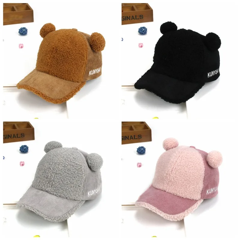 3-8Y Winter Boys Girls Letter Print Baseball Cap Children Casual Hip Hop Sun Plush Caps Ball Warm Bear Parent-Child | Детская одежда и