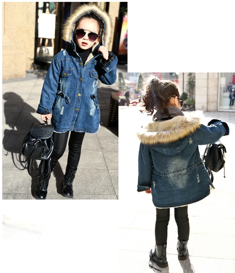 Джинсовая куртка для девочек длинная с флисовой подкладкой теплая меховым