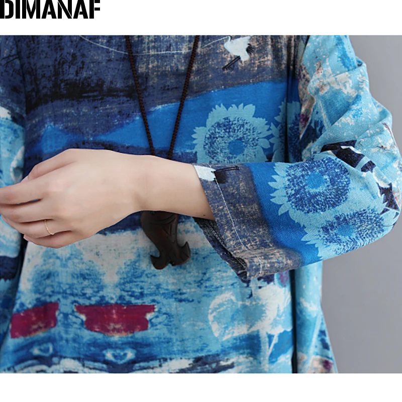 Фото Женское льняное платье DIMANAF с длинным рукавом и винтажным принтом осеннее Женское льняное платье DIMANAF с длинным рукавом и винтажным принтом осеннее