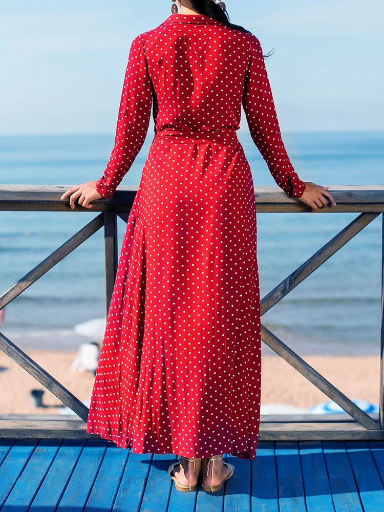 Винтажное Бандажное платье рубашка в горошек для женщин 2019 лето осень с длинным