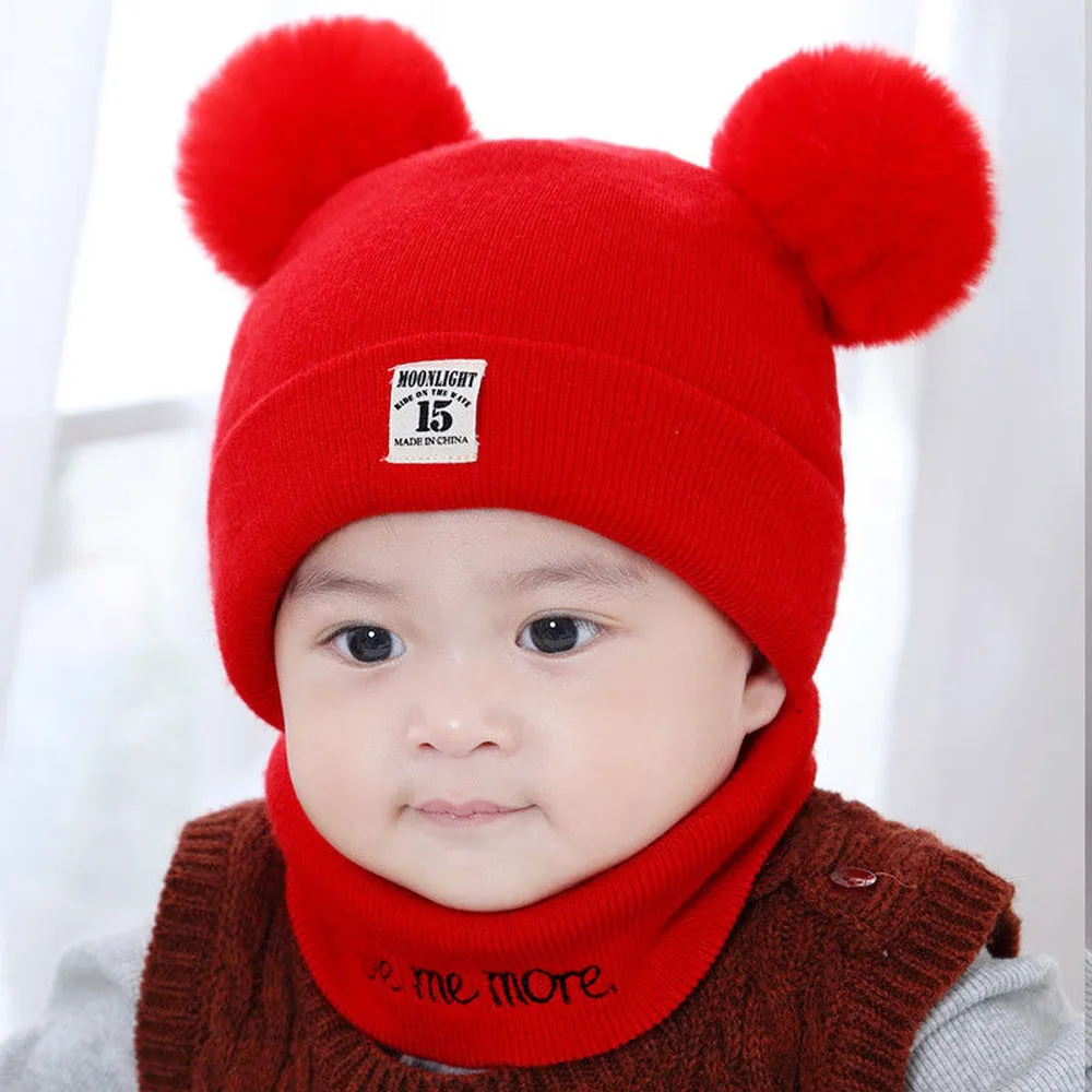 Newborn Kids Baby Boy Girl Pom Hat Winter Warm Knit Crochet Beanie Cap Scarf Set Hot Sale High Quality Hats For Babies | Детская одежда