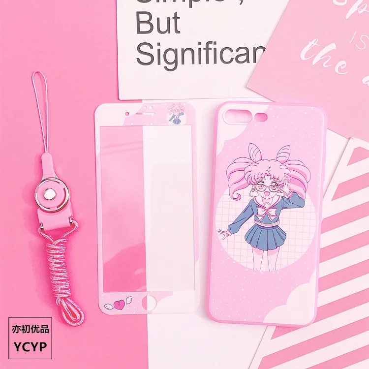 For iphone X Cartoon Sailor Moon Case +Tempered Glass Screen film for 8 8plus 6 6S plus 7 7plus Cardcaptor Sakura cover |