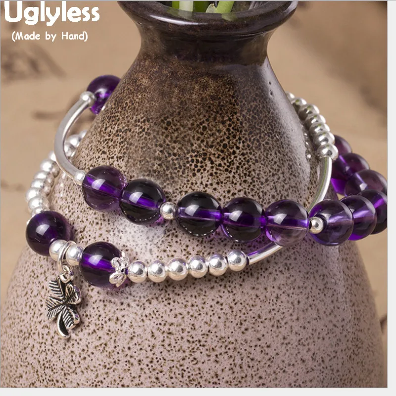 

Uglyless Real 925 Sterling Silver Balls Bracelets for Women Crystal Beads Elastic Rope Bracelet 2 Layer Thai Silver Clover Charm