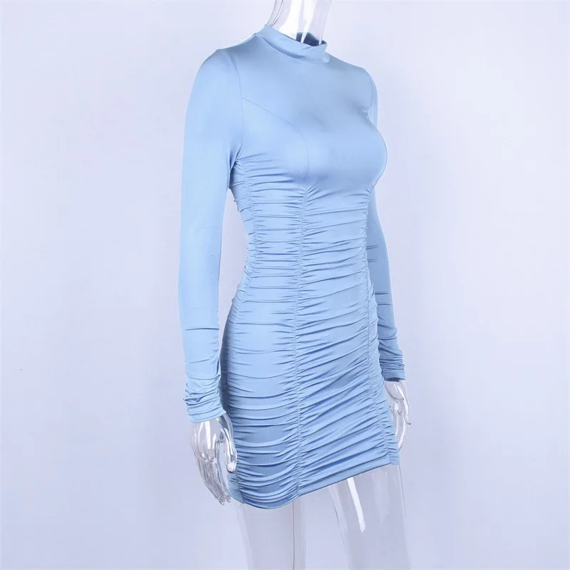 Sibybo Turtleneck Long Sleeve Autumn Dresses for Women Fashion Sheath Pleated Mini Dress Women Black Casual Women Dresses Winter