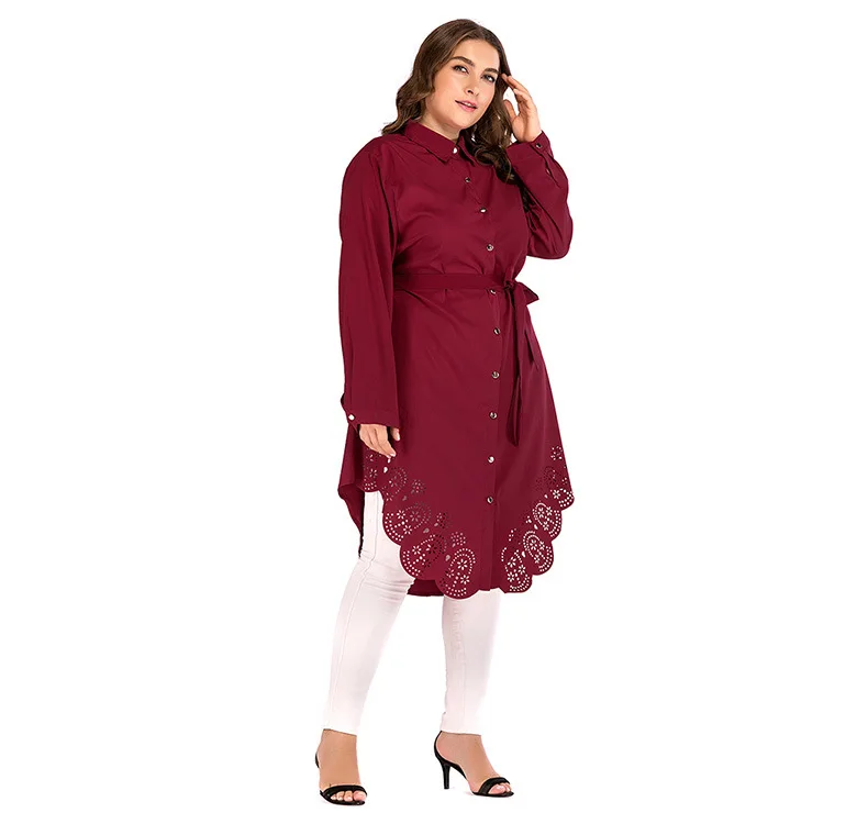 Красные женские рубашки, блузки размера плюс 4XL 5XL, осень, мусульманские, с длинным рукавом, с вырезами, вязанные крючком, цветочные, Необычные топы, Длинные рубашки