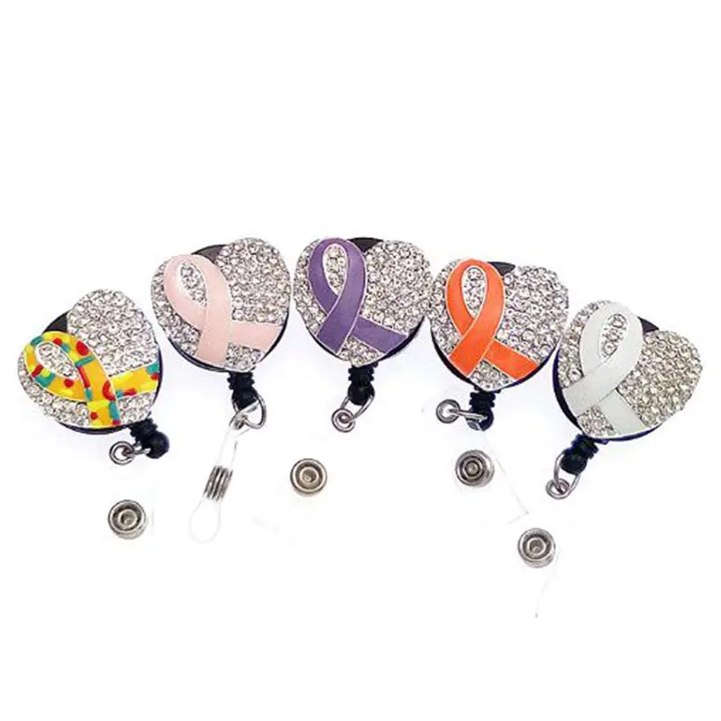 medical rhinestone heart breast cancer awareness ribbon Retractable ID badge holder reel for nurse | Украшения и аксессуары