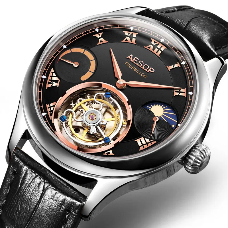 Black Высококачественные Tourbillon часы с копейкой, мужские роскошные многофункциональные часы с Луной и телефоном, механические часы, мужские часы montre homme 7001 - Цвет: Black