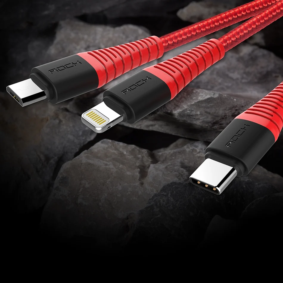 Высокопрочный зарядный usb-кабель для iPhone X 8 7 6 6 Plus, ROCK 3 в 1 USB type C Micro usb и зарядный кабель для зарядного устройства iPhone
