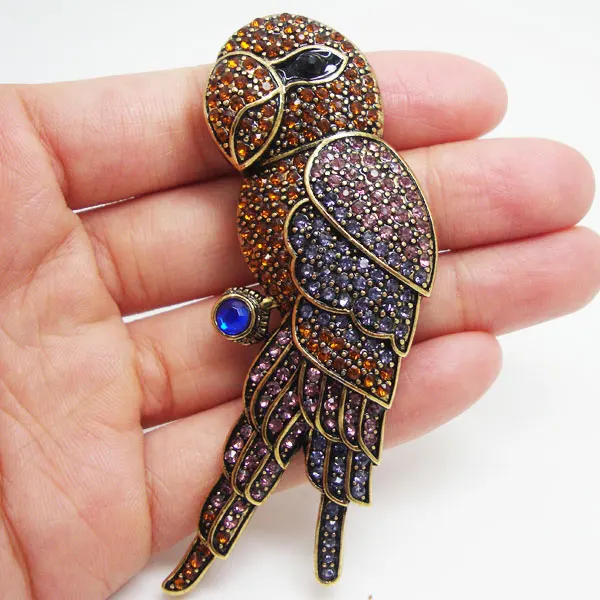 Брошь в винтажном стиле коричневая птица-попугай булавка со стразами