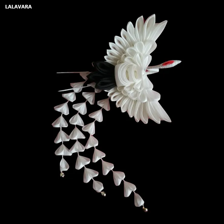 LALAVARA Заказные азиатские традиционные аксессуары для волос tsuami Kanzashi Шелковый Павлин шпилька для волос большой счастливый птица чародей - Окраска металла: white crane