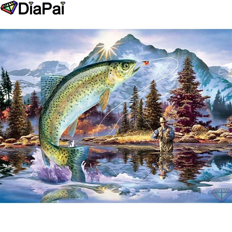 Полноразмерная/круглая Алмазная картина DIAPAI 100% 5D сделай сам Мужская Рыбалка
