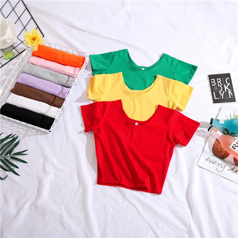 Женский короткий топ с U образным вырезом футболка коротким рукавом базовая