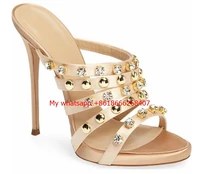 fashion rivets crystal straps design woman sandals sweety open toe gneuine leather thin high heel sandals