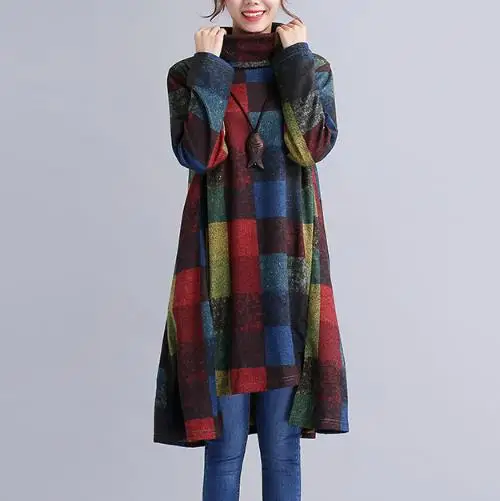 Женское платье с воротником под горло Clobee длинное винтажное офисное в клетку