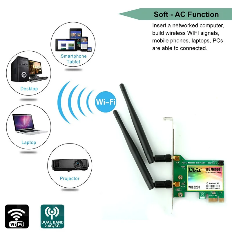 Ubit AC 1167 Мбит/с 8260 Bluetooth 4,2 беспроводная сетевая карта, 802,11 wifi карта, 5 ГГц-867 Мбит/с/2,4 ГГц-300 Мбит/с сетевая карта для ПК