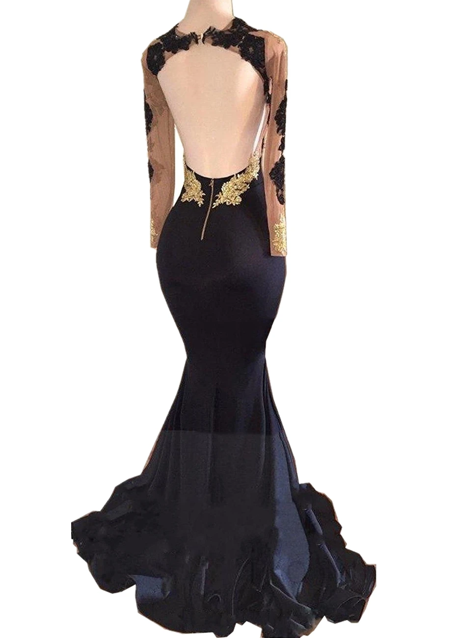 African Black and Gold Mermaid Prom Dress Long Sleeves Open Back Appliques Beads See Through Burgundy Evening Gowns | Свадьбы и