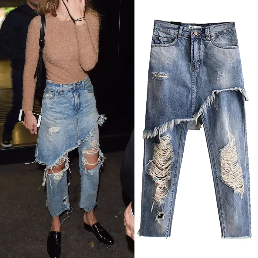 

Fashion unique hole finishing retro faux two piece slim denim pencil trousers female street style high waist jeans D429