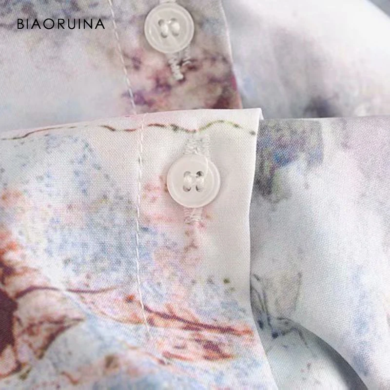 BIAORUINA, Женская винтажная рубашка с принтом, воротник-стойка, женская модная однобортная рубашка с длинным рукавом, женские шикарные топы