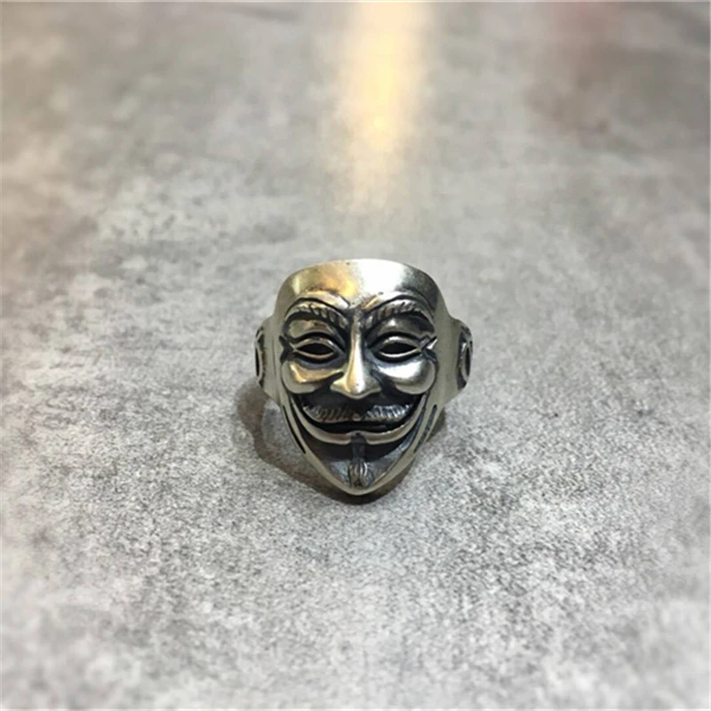 

Мужское кольцо Smile Joker V Mask, готическое кольцо с широким толстым тайским серебряным кольцом, ювелирные изделия из стерлингового серебра