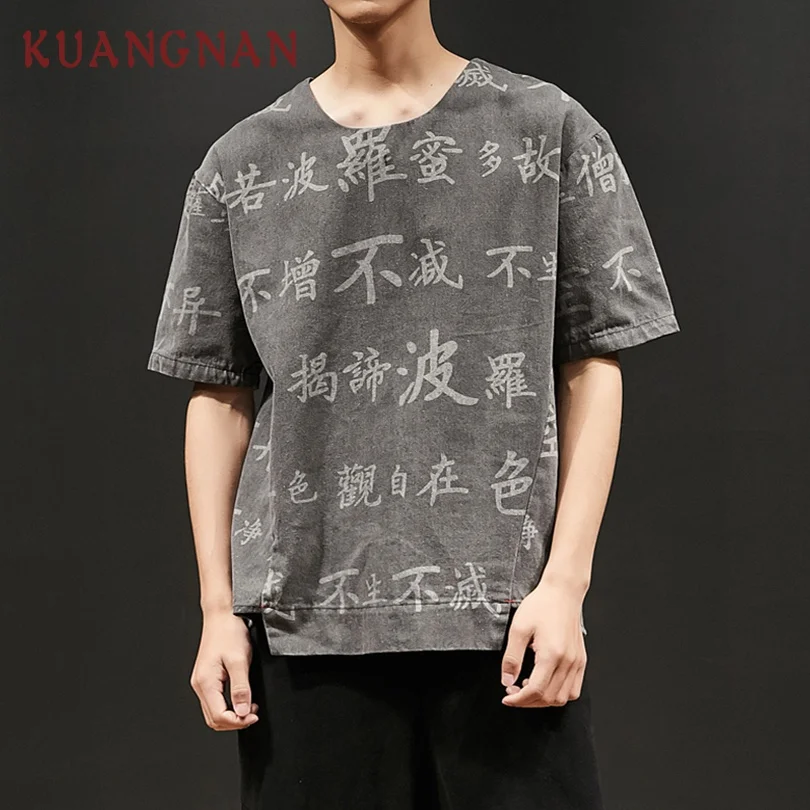 Black KUANGNAN китайский стиль джинсовая Футболка мужская футболка веселое Harajuku футболка мужская одежда летний топ уличная 5XL - Цвет: Black
