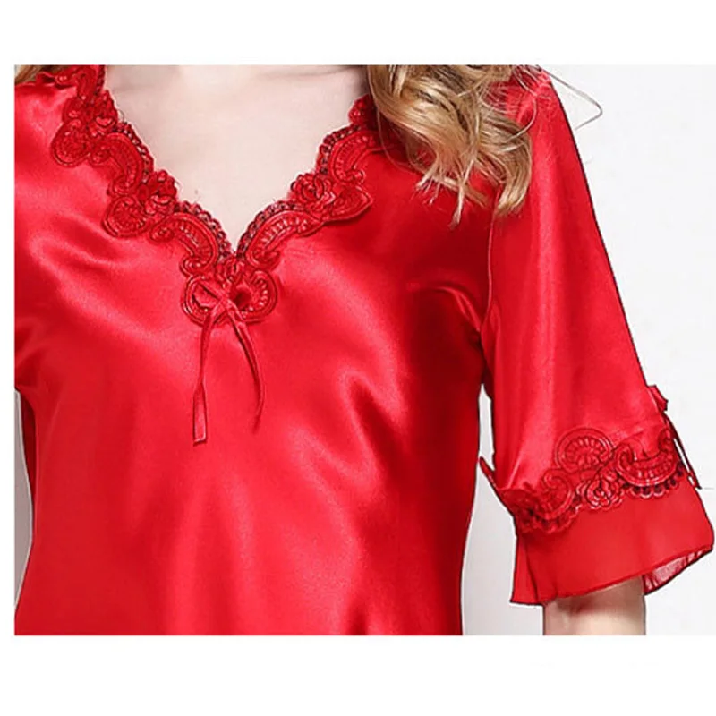 Летнее шелковое женское кружевное платье для сна с глубоким v-образным вырезом |