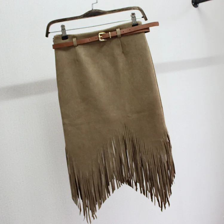 Зимняя женская юбка из искусственной кожи с бахромой сексуальная замшевая