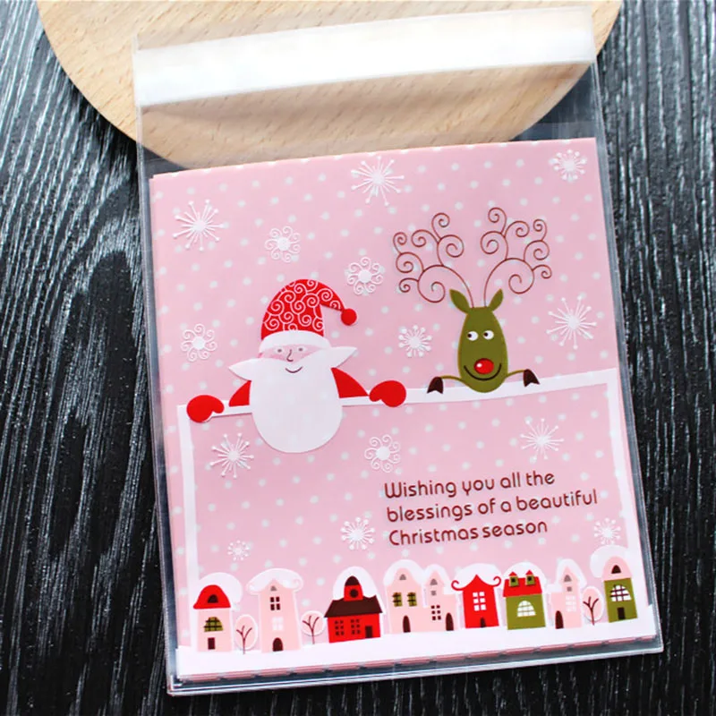 50 шт./лот Розовый Рождественский Санта Клаус упаковка для печенья самоклеющиеся