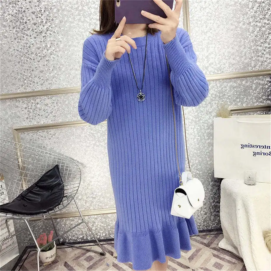 3XL размера плюс вязаное платье русалки для женщин осень зима круглый вырез длинный рукав свитер свободное платье Весна Повседневный пуловер Базовые платья - Цвет: blue