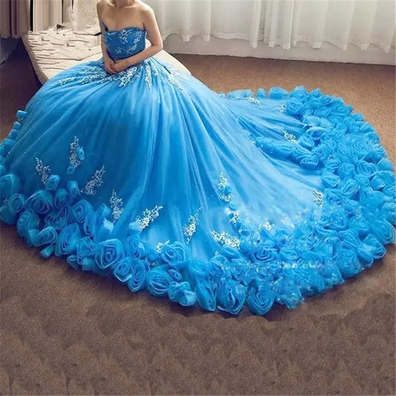 Синий Vestido De Noiva мусульманское свадебное платье бальное платье Милая Тюль Цветы Бохо Дубай Арабский свадебное платье