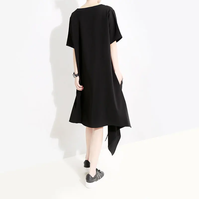 XITAO Split Irregular Black Midi Dress Gold Wild O Neck Patchwork Summer New Korea Fashion Pullover Slim Short Sleeve ZLL3671 | Женская