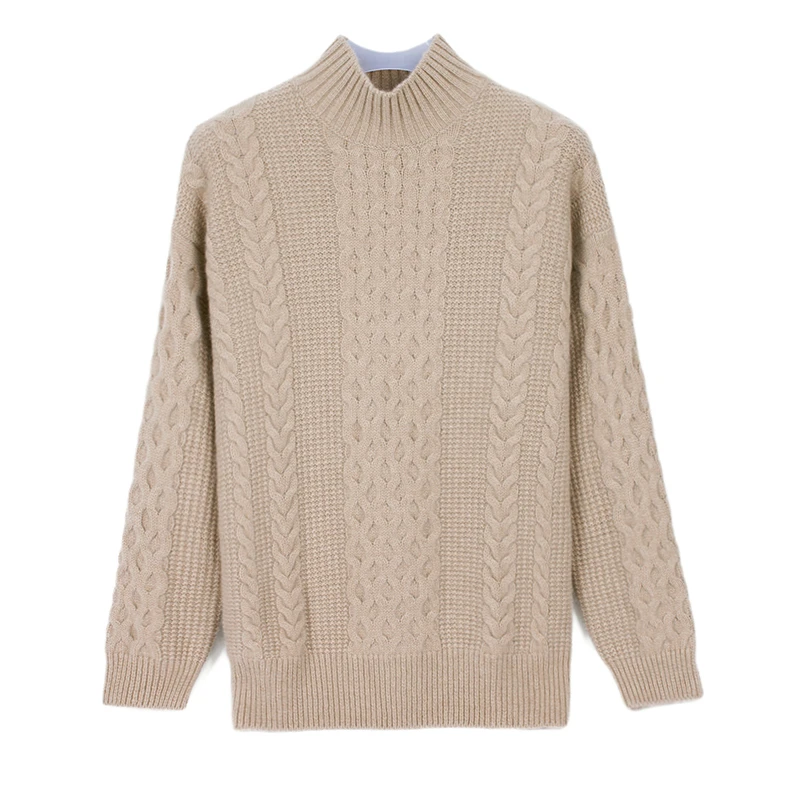 

100%goat cashmere twisted knit women fashion autumn winter sweater pullover high collar loose style solid color S-2XL
