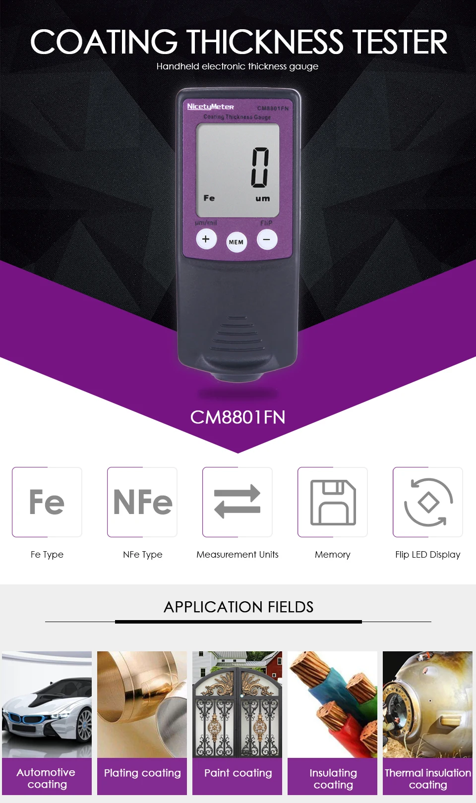Nicetymeter CM8801FN Fe и NFe 2 в 1 толщиномер толщиномер автомобильной краски толщимер для авто покраски Автомобильный прибор для измерения ширины толщины пленки тестер простое использование