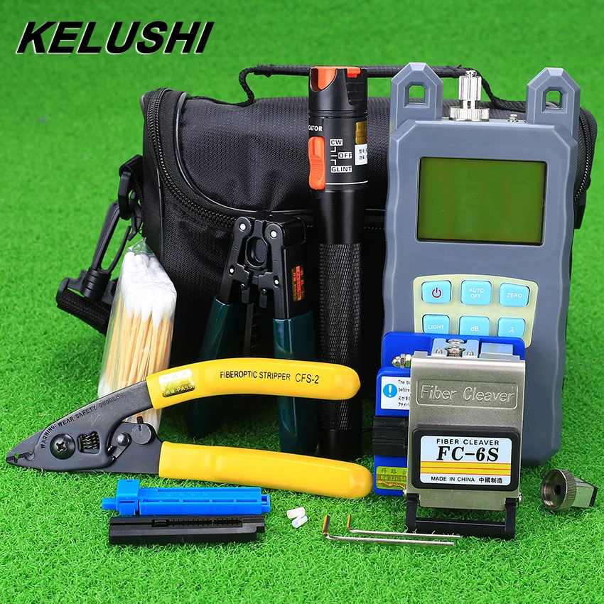 KELUSHI 19pcs Fiber FTTH Tools Kits Optical Power Meter with FC SC Connector Visual Fault Locater 10MW Optic Cable Tester
