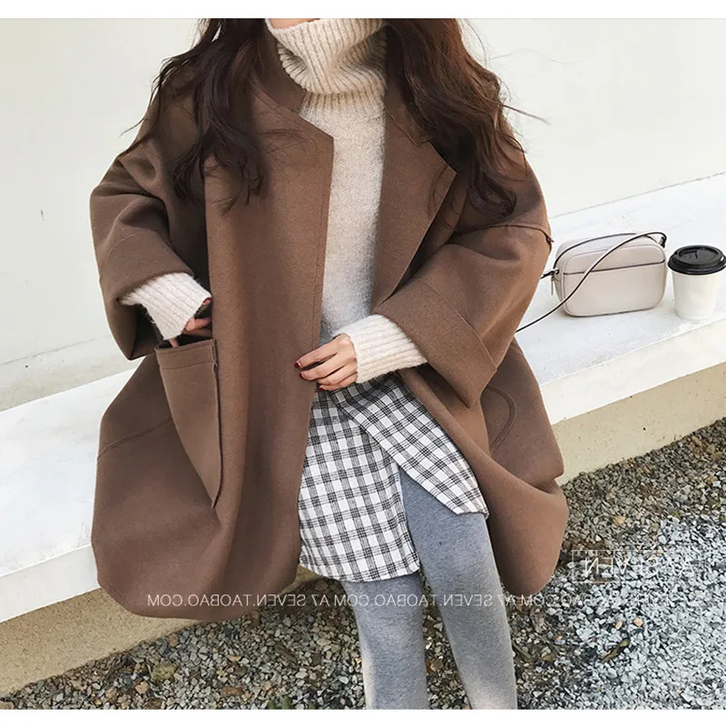 New Autumn Winter Women Coats Plus Size Fashion Loose Turn-Down Collar Solid Cloak Woolen Blends Coat For Larger Outerwear | Женская