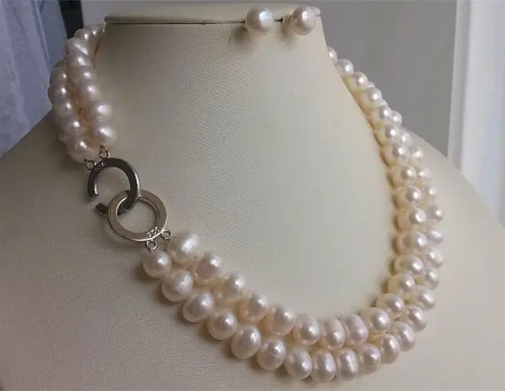 Идеальный культивированный пресноводный жемчуг ожерелье серьги ювелирный набор АА 9-10 мм цвета белого жемчуга ювелирные изделия 17-18 дюймов